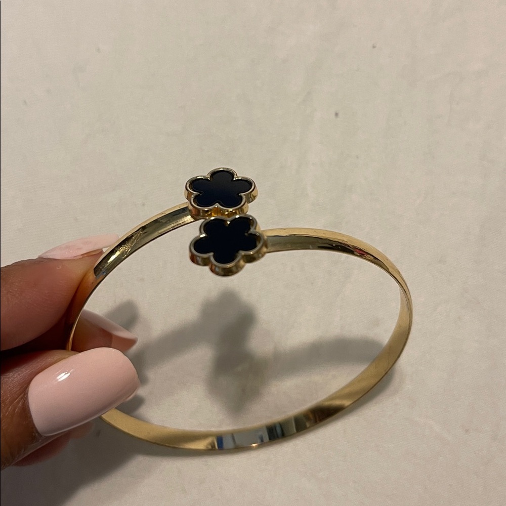 Gold Plated Bracelet with Black Flower Accents - Picture 3 of 4